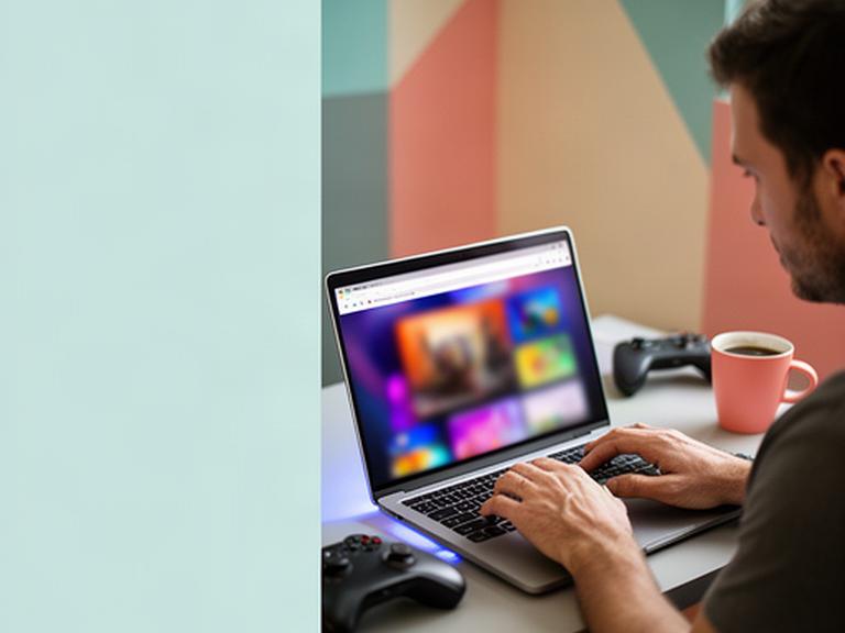 Player at a desk opening a colorful computer game in a browser on a laptop